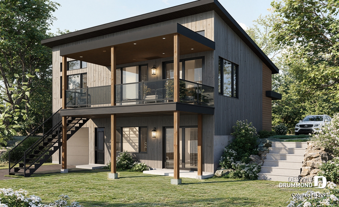 Vue arrière - MODÈLE DE BASE - Plan de chalet moderne, possibilité de 4 chambres, terrasse abritée, poêle à bois, vestiaire, rez-de-jardin - Calypso