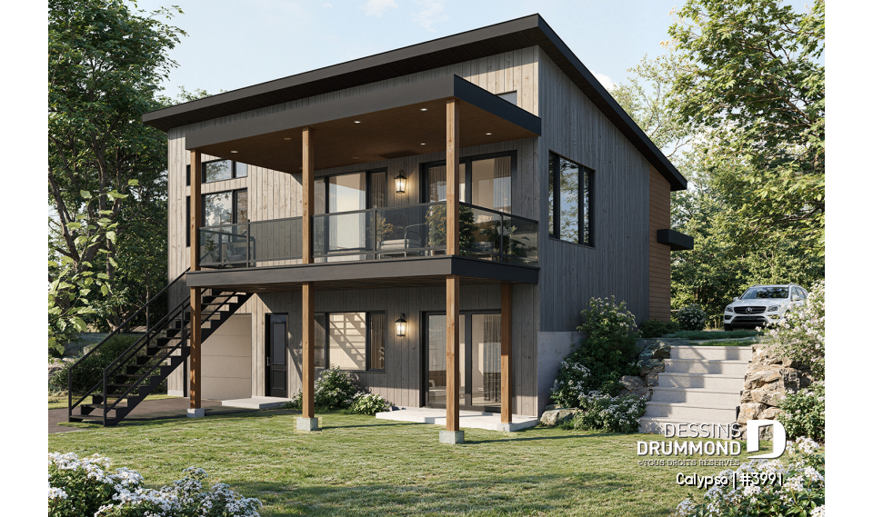 Vue arrière - MODÈLE DE BASE - Plan de chalet moderne, possibilité de 4 chambres, terrasse abritée, poêle à bois, vestiaire, rez-de-jardin - Calypso